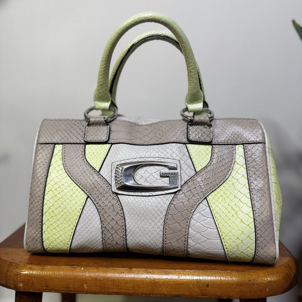 Vintage Y2K GUESS Faux Croc Lime Gray Embellished Monogram Shoulder Bag Pastel